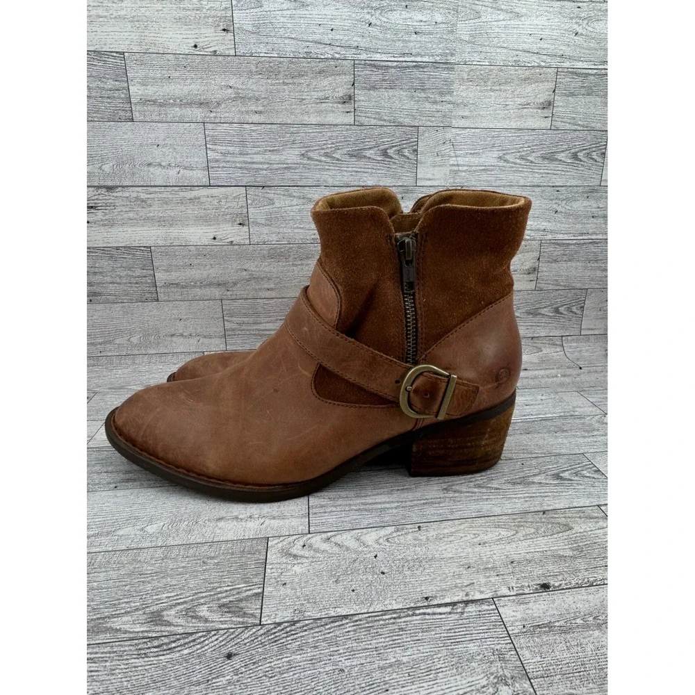 Born Brown Leather Suede Ankle Boots Men 11M F75517‎ Buckle Zip Block Heel